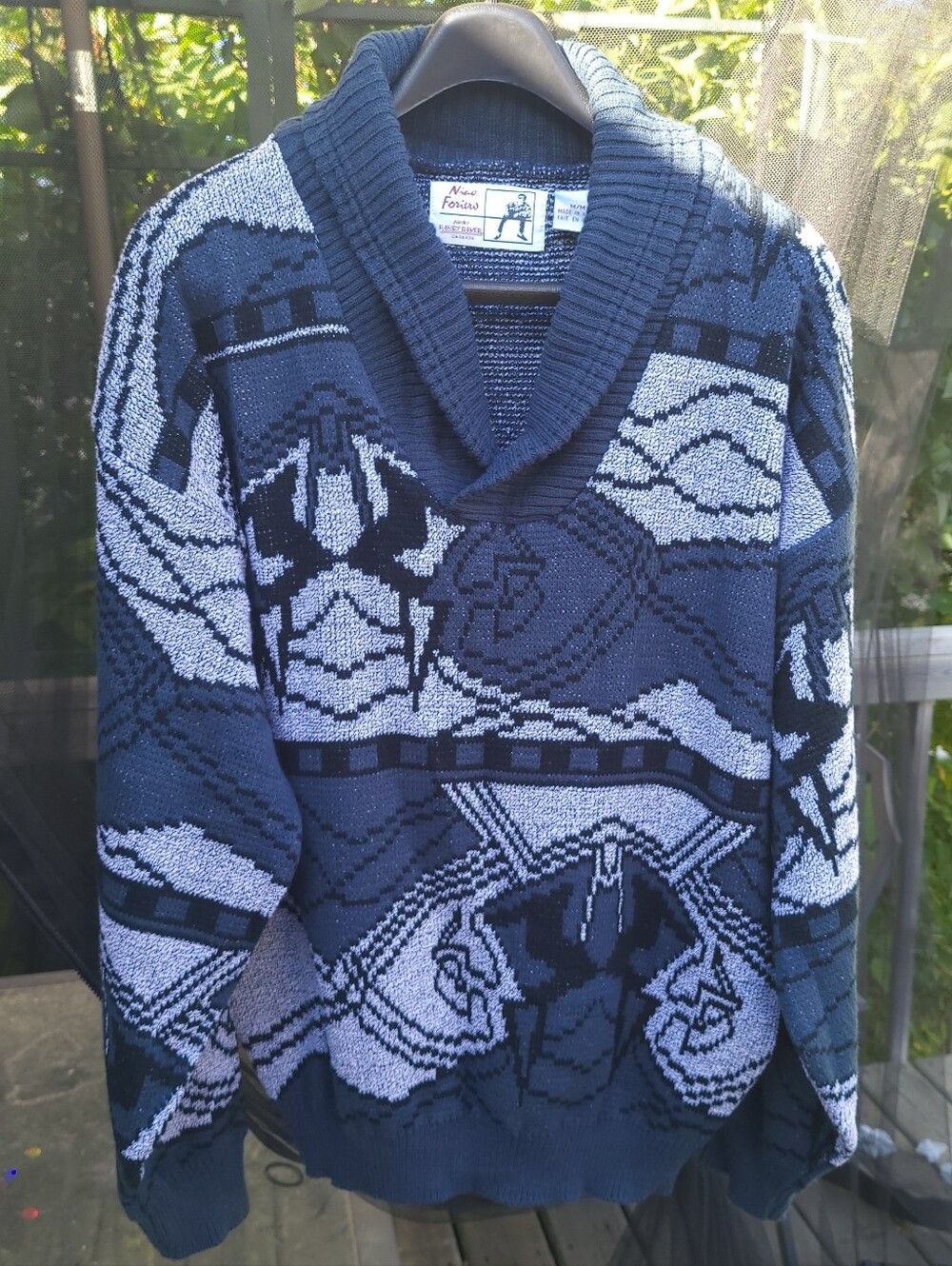 Vintage 90s Nino Foriero Abstract Geometric Shawl Neck Pullover Sweater Size M